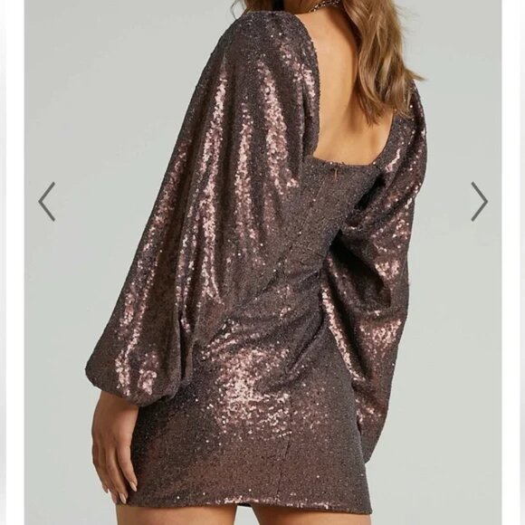 Showpo Australia Kat Long Sleeve Bodycon Mini Dress in Chocolate Sequin size 8 - Picture 5 of 16